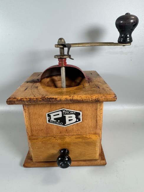 Vintage 1950s Italian Coffee Grinder PB Macina Acciaio Wood Metal Italy product image